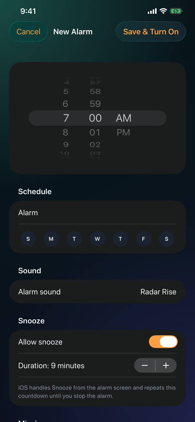 The RiseKeeper alarm editor showing schedule, sound, snooze, and mission settings