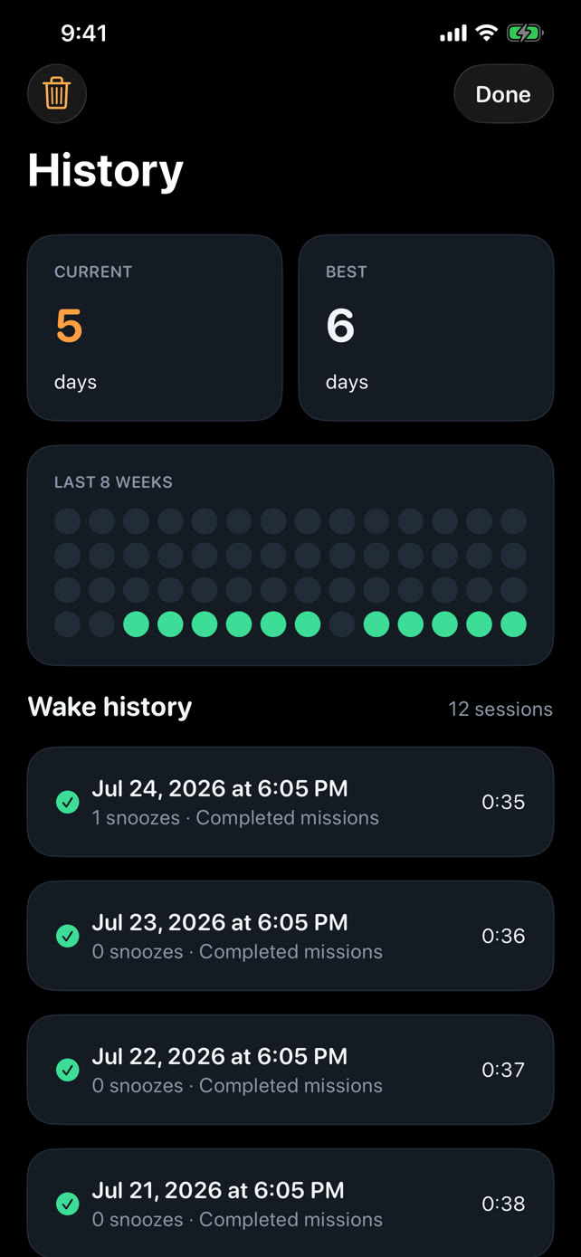 RiseKeeper wake history showing streaks and completed missions, stored on the device