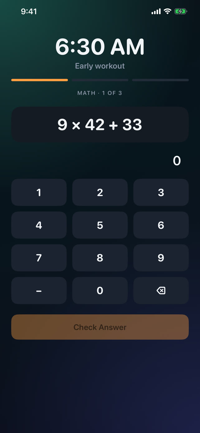A RiseKeeper Math mission asking for an answer before the alarm stays quiet