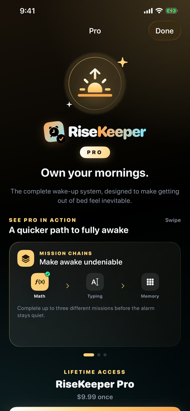 The RiseKeeper Pro screen showing mission chains and lifetime access